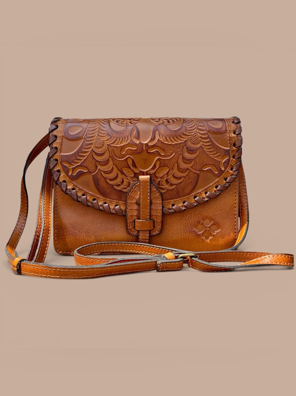 Patricia Nash Lanza Tooled Leather Crossbody Bag Burnished Brown Western EUC